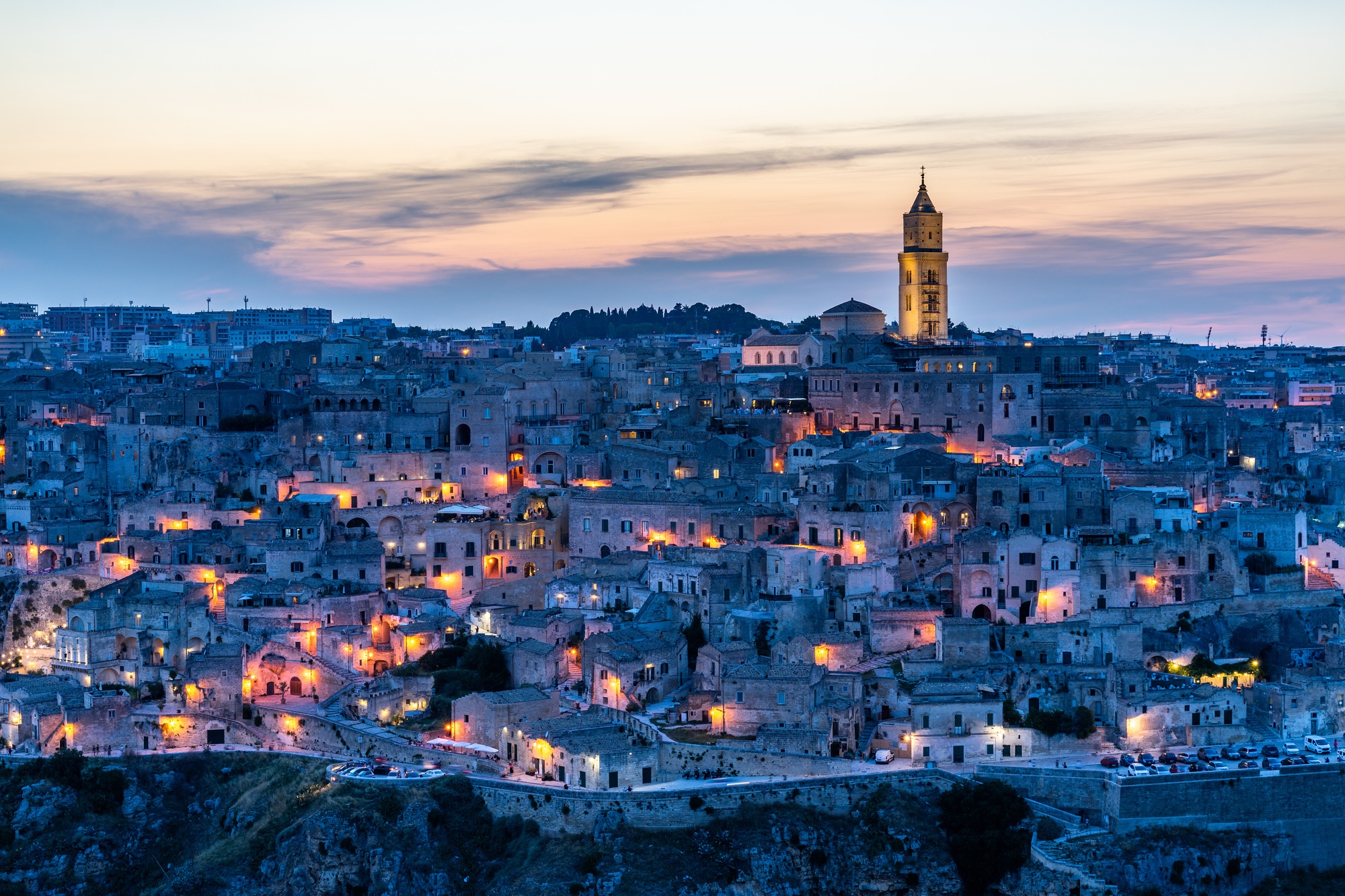 Aerial shot of Sassi di Matera at sunset