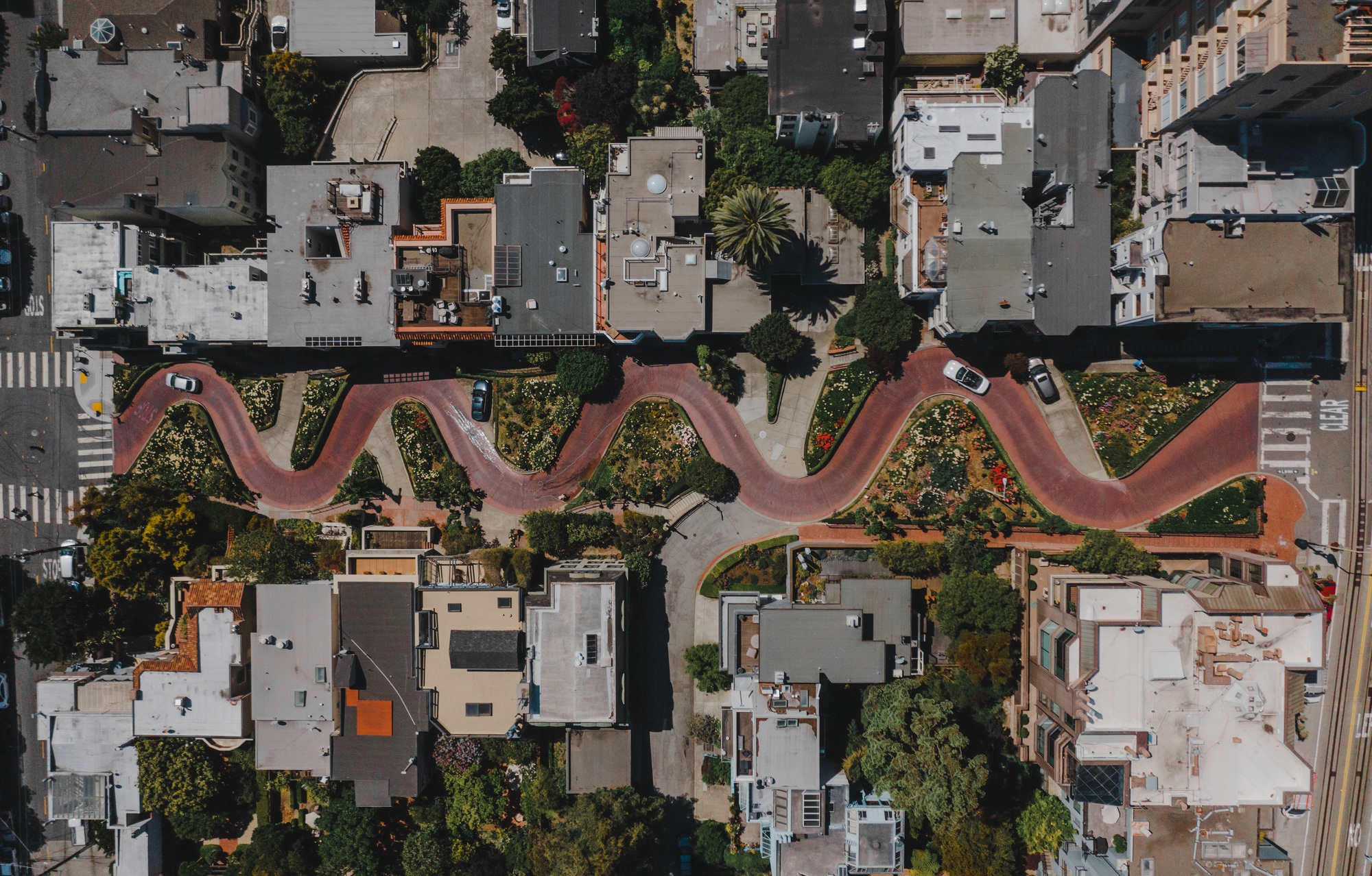 Top view of the steep hairpin turns of Lombard Street in San Francisco, California